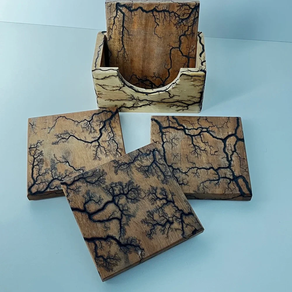 Handmade Coaster Set Lichtenberg Fractal Wood  Burning 4in Brown Lightning Art